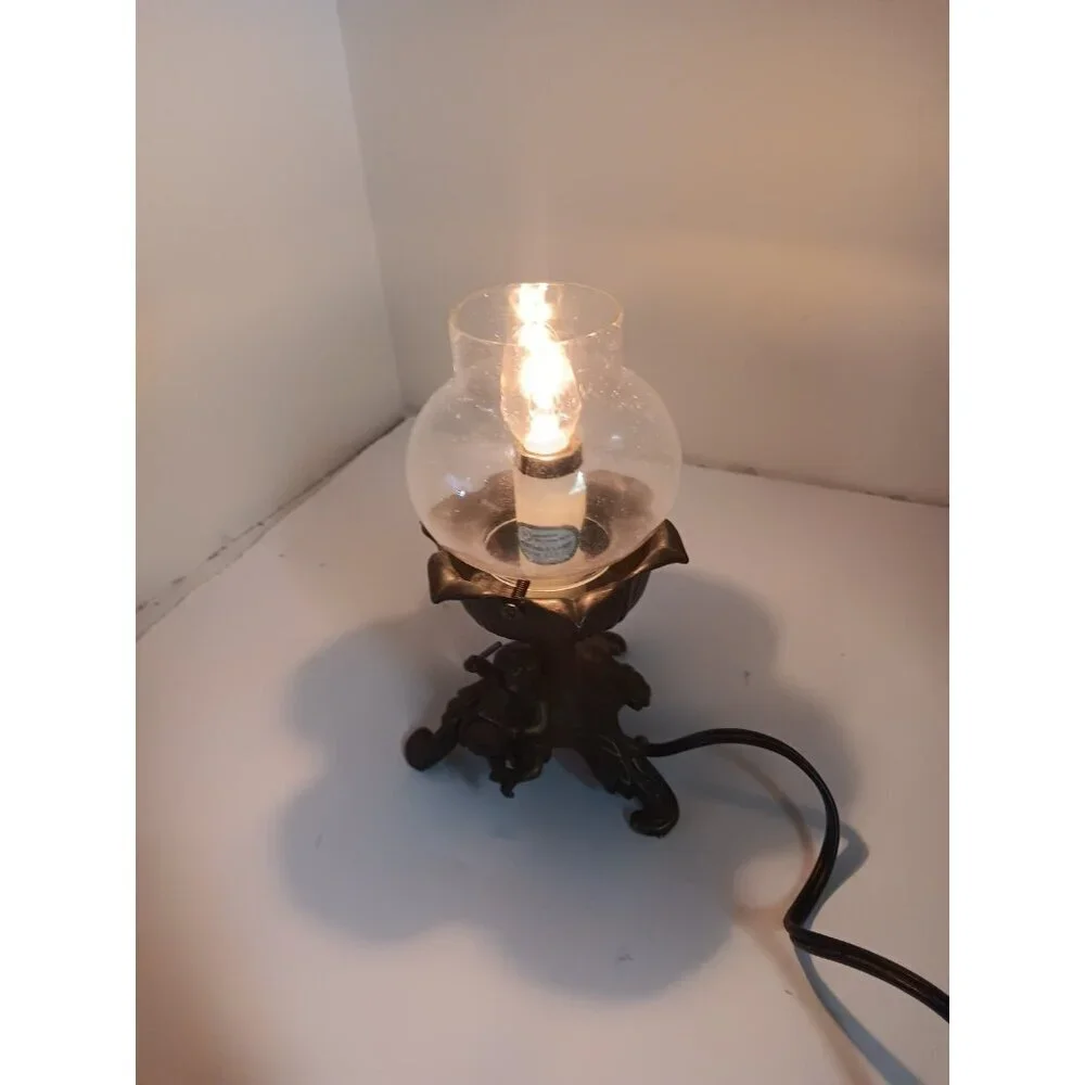 Vintage Art Nouveau Small Cast Iron Table Lamp With Cherub Drummer Stamped L